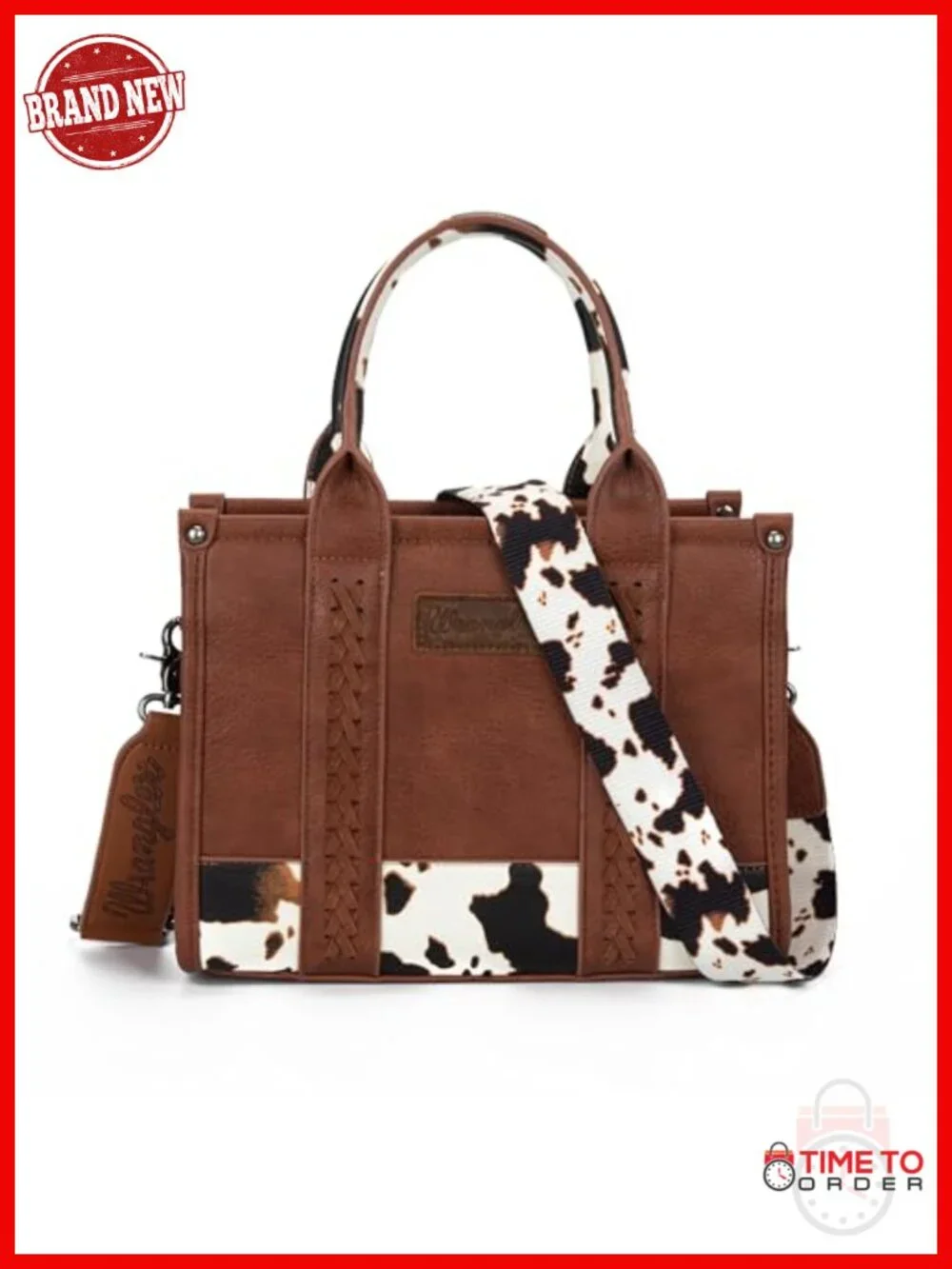Vegan Leather Cow Print Tote Bag with Whipstitch Design - Wrangler Top Handle
